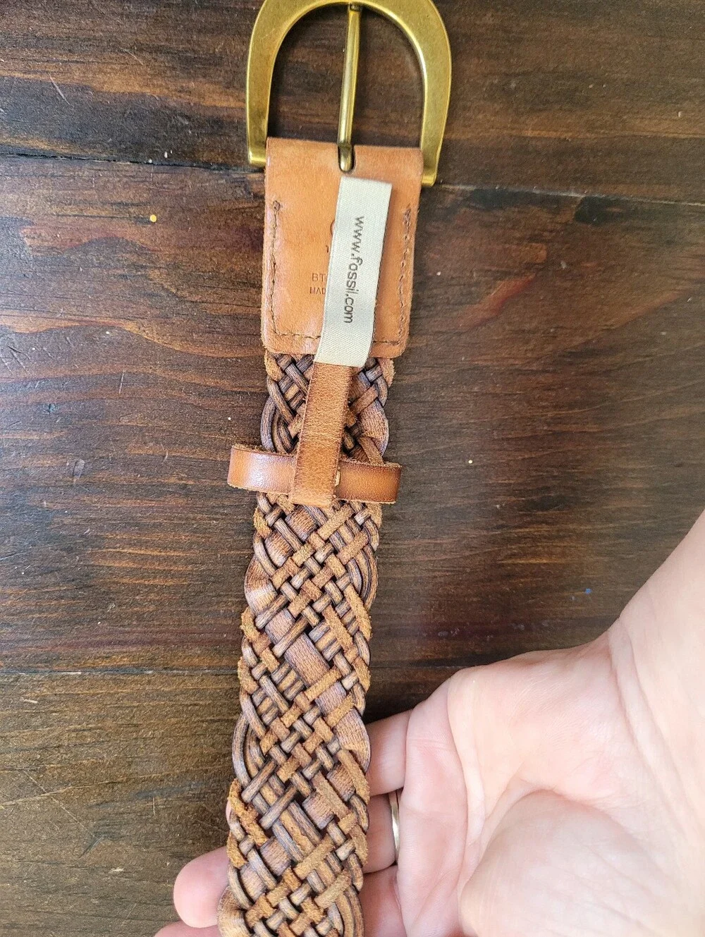 Fossil Belt Woven Black Brown Brass Buckle Medium